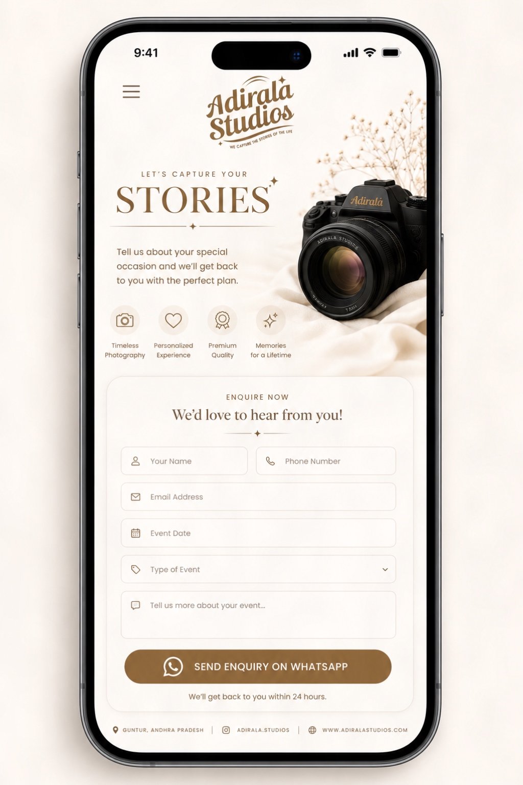 Wedding enquiry form for Adirala Studios
