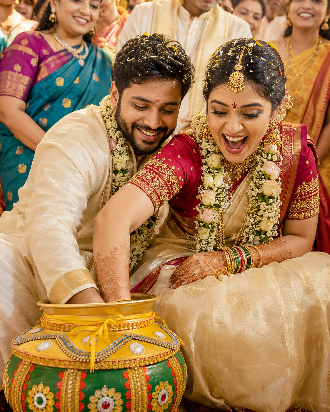 Candid wedding photographer capturing a natural moment during a Vijayawada wedding